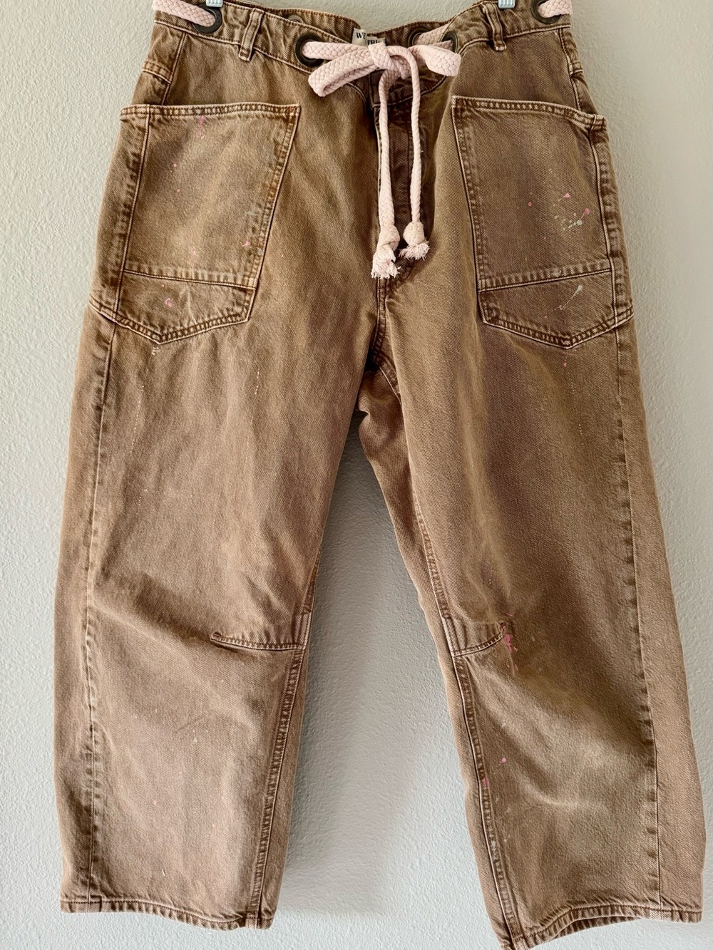 Free People Moxie Barrel Jeans Size 32 Brown Paint Splatter Boho Wide Leg